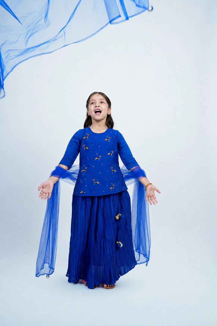 Piccolo Embellished Top, Pleated Lehenga & Net Dupatta Set-Royal Blue