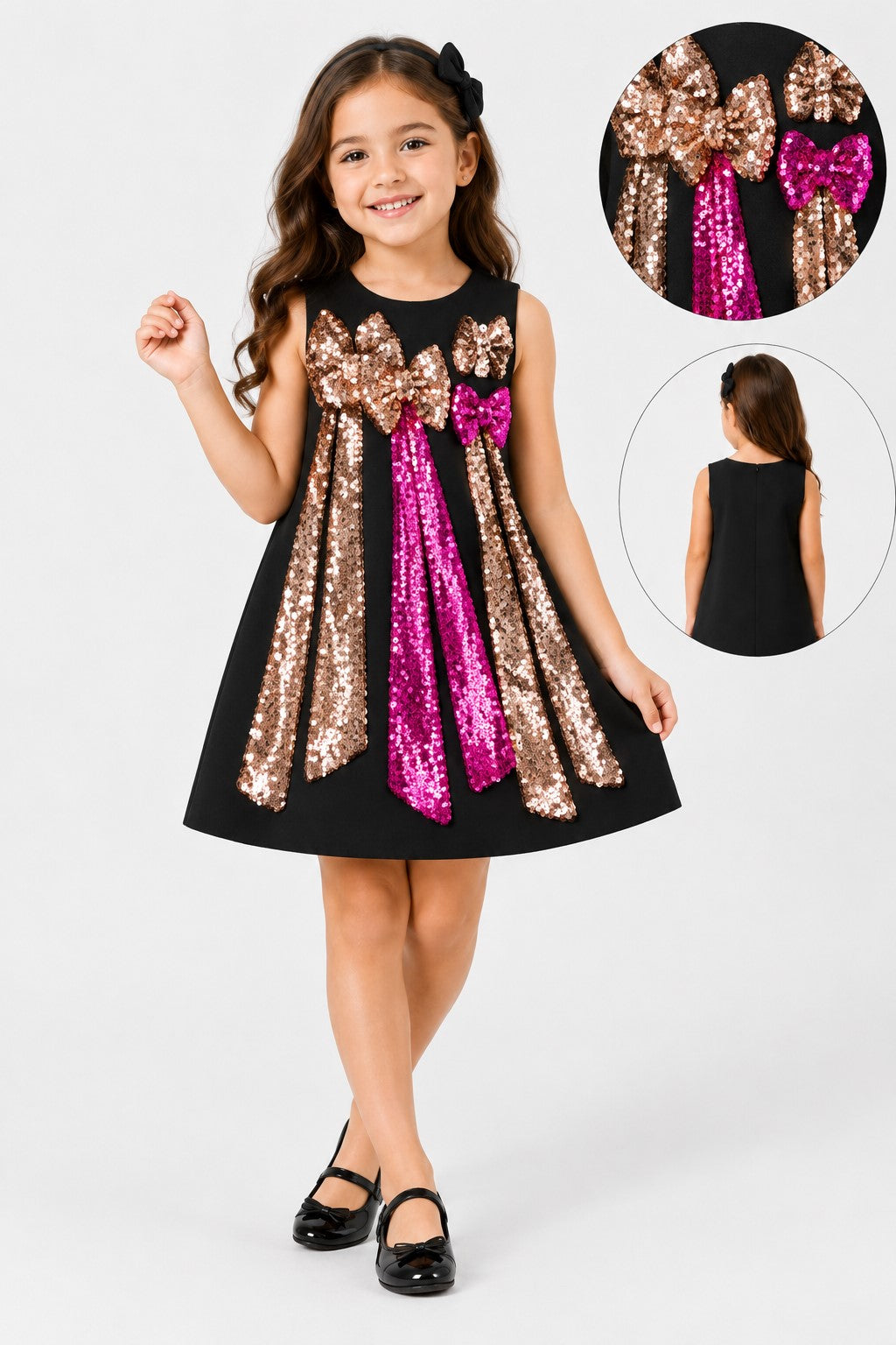 Piccolo Girls Black Sequin Bow A-Line Party Dress