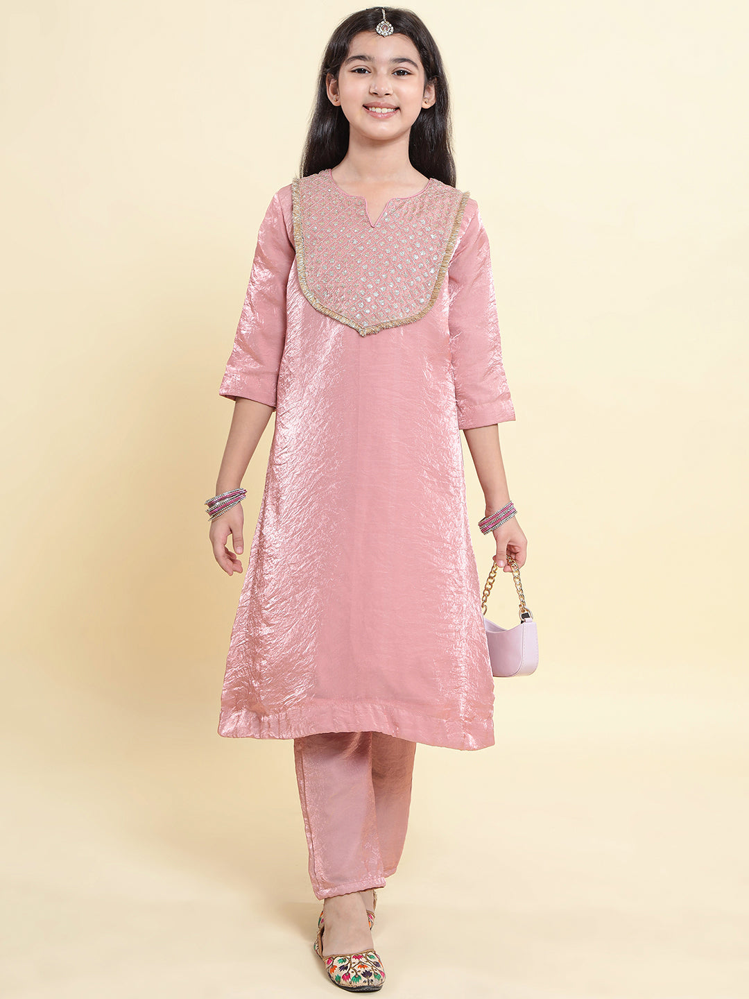PICCOLO Tisue Silk Embroidered Kurta With Pant-Peach