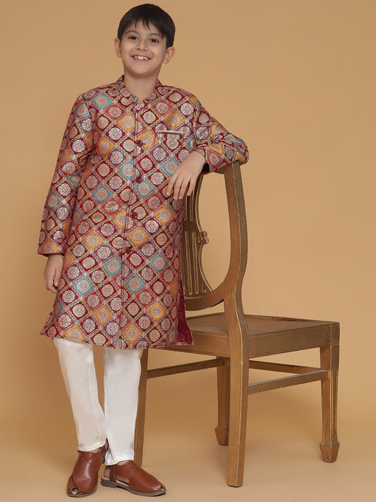 Maroon Jacquard Sherwani and Pyjama