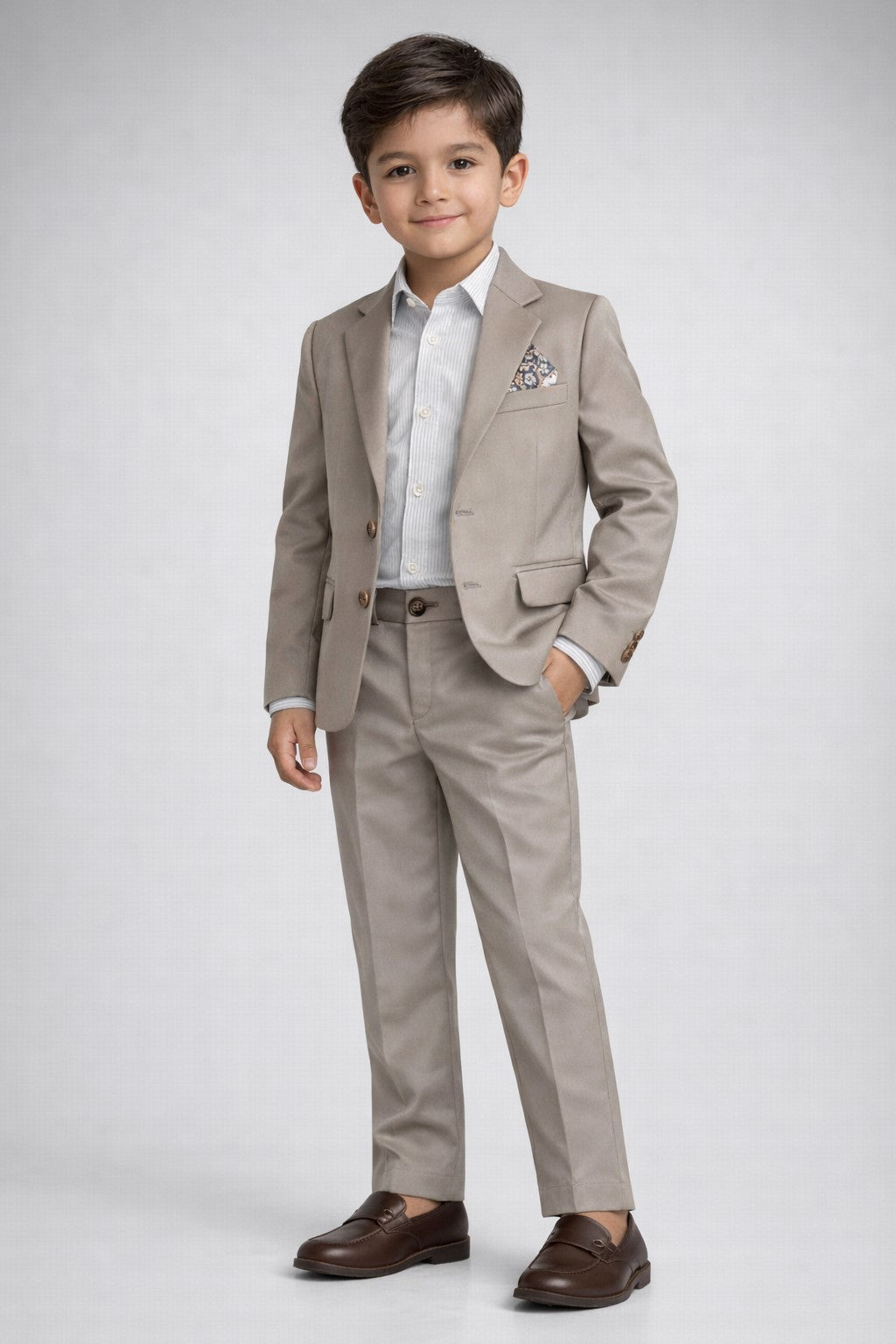 Piccolo-Boys Five-Piece Single-Breasted Blazer, Shirt with Trousers Set -Brown