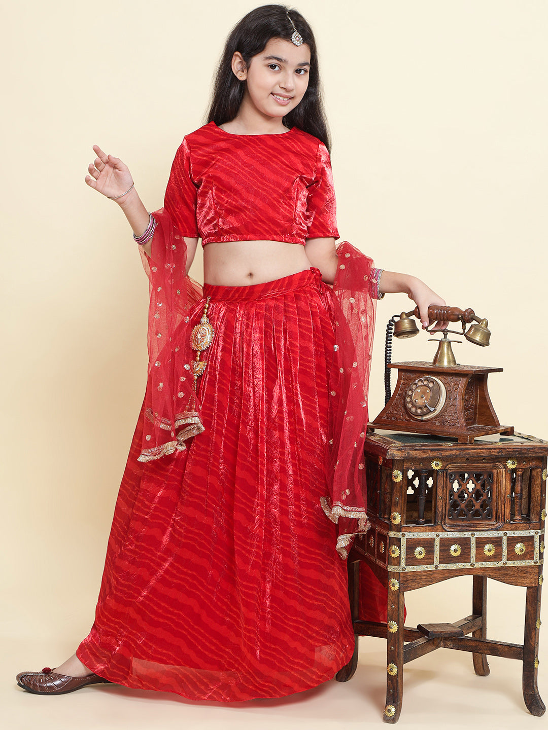 PICCOLO- Tissue Leheriya Printed Lehenga Choli with Embellished Net Dupatta-Red