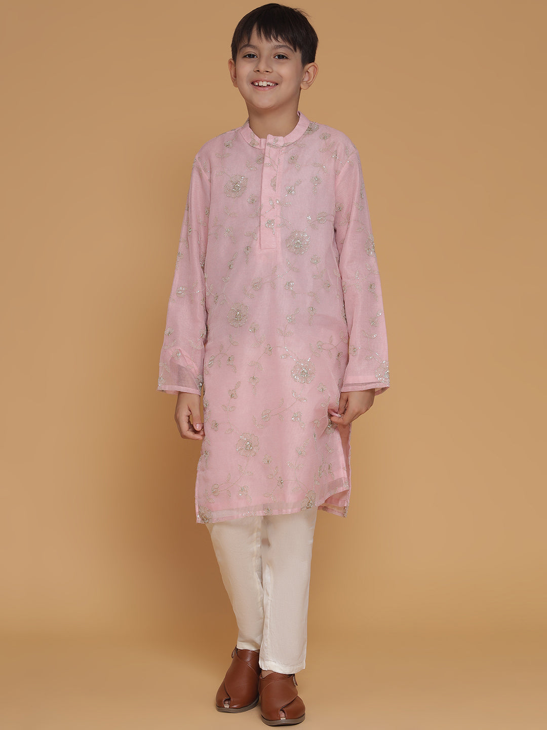 Boys Ethnic Motifs Embroidered Sequinned Straight Kurta with Pyjamas