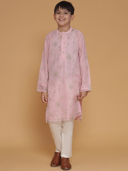 Boys Ethnic Motifs Embroidered Sequinned Straight Kurta with Pyjamas