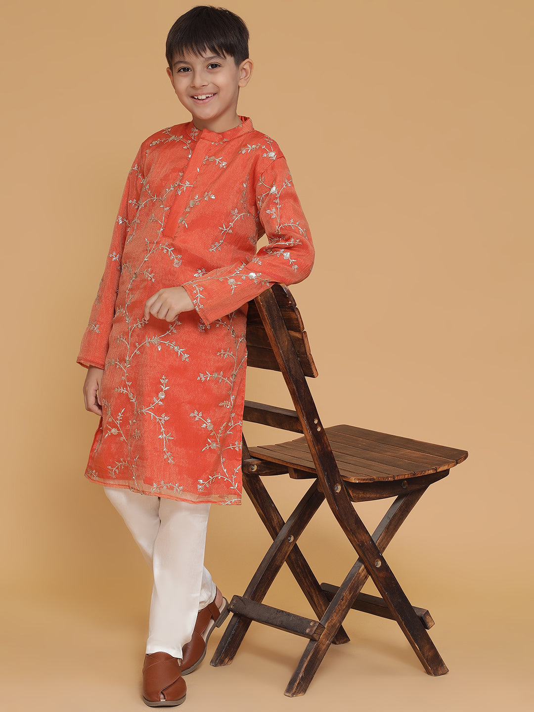 Orange Organza Embroidered Kurta with Pyjama set