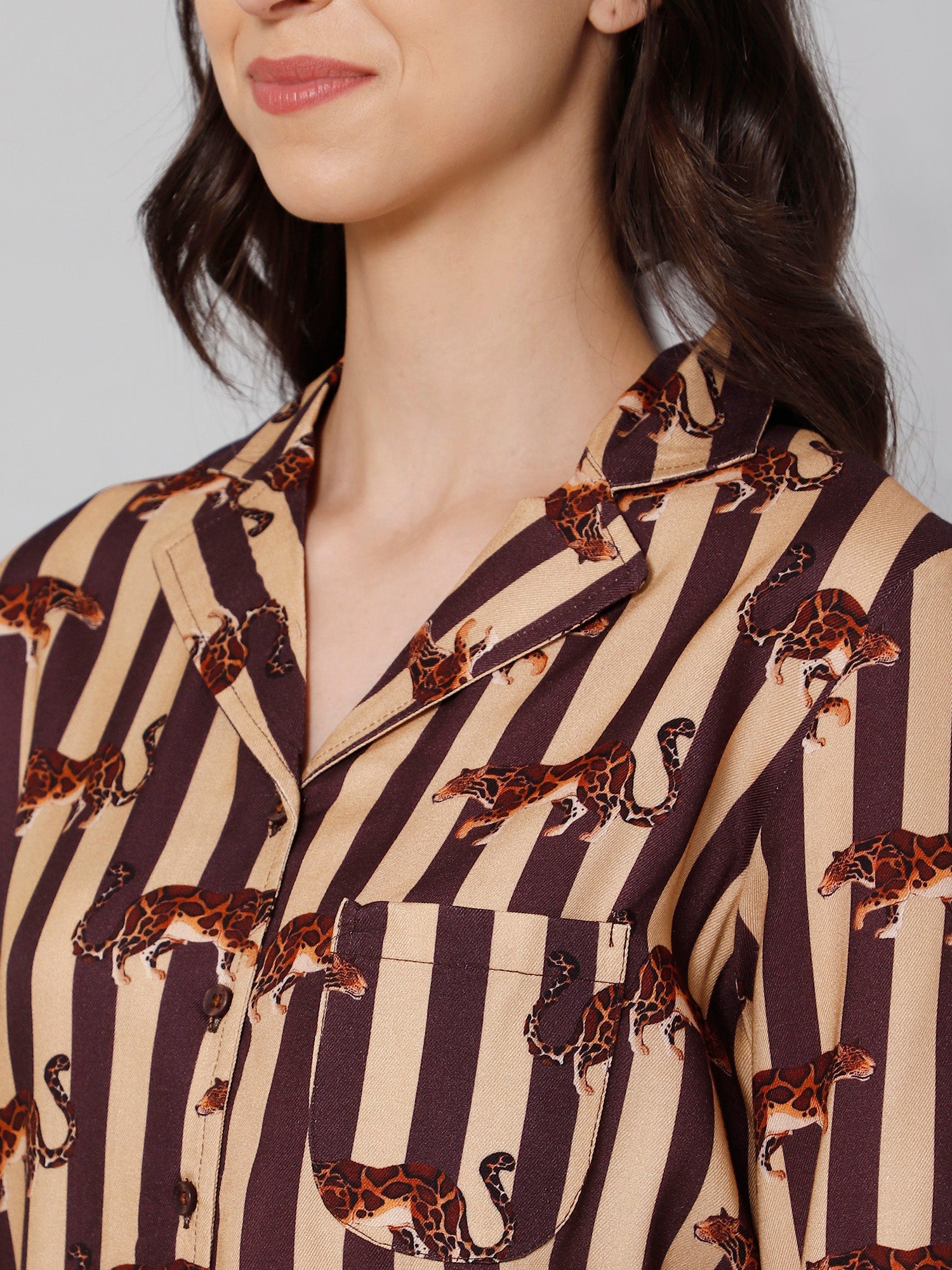 Women Brown &amp; Beige Striped Night suit