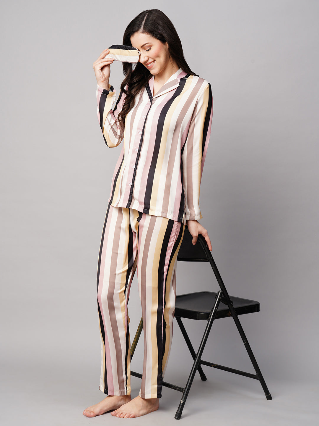 Women 2 Pieces Striped Satin Night suit