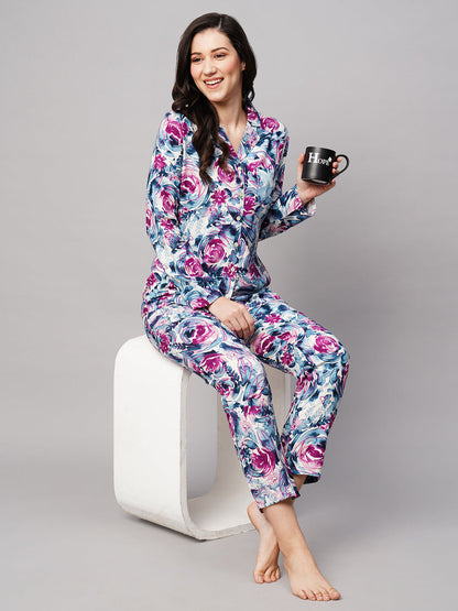 Women Floral Printed Lapel Collar 2 Piece Night suit