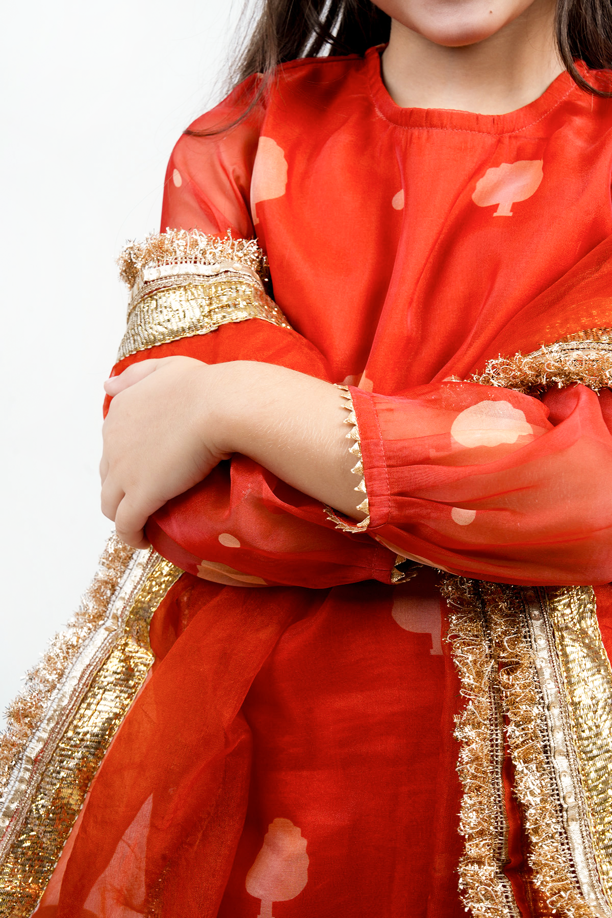 Piccolo Organza Printed Kurta, Sharara & Dupatta Set-Orange
