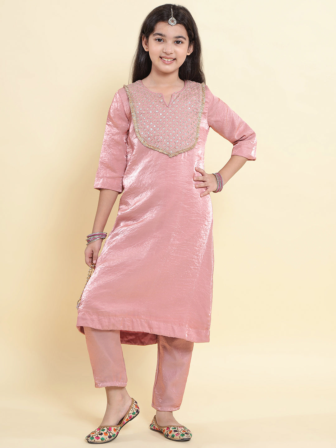 PICCOLO Tisue Silk Embroidered Kurta With Pant-Peach