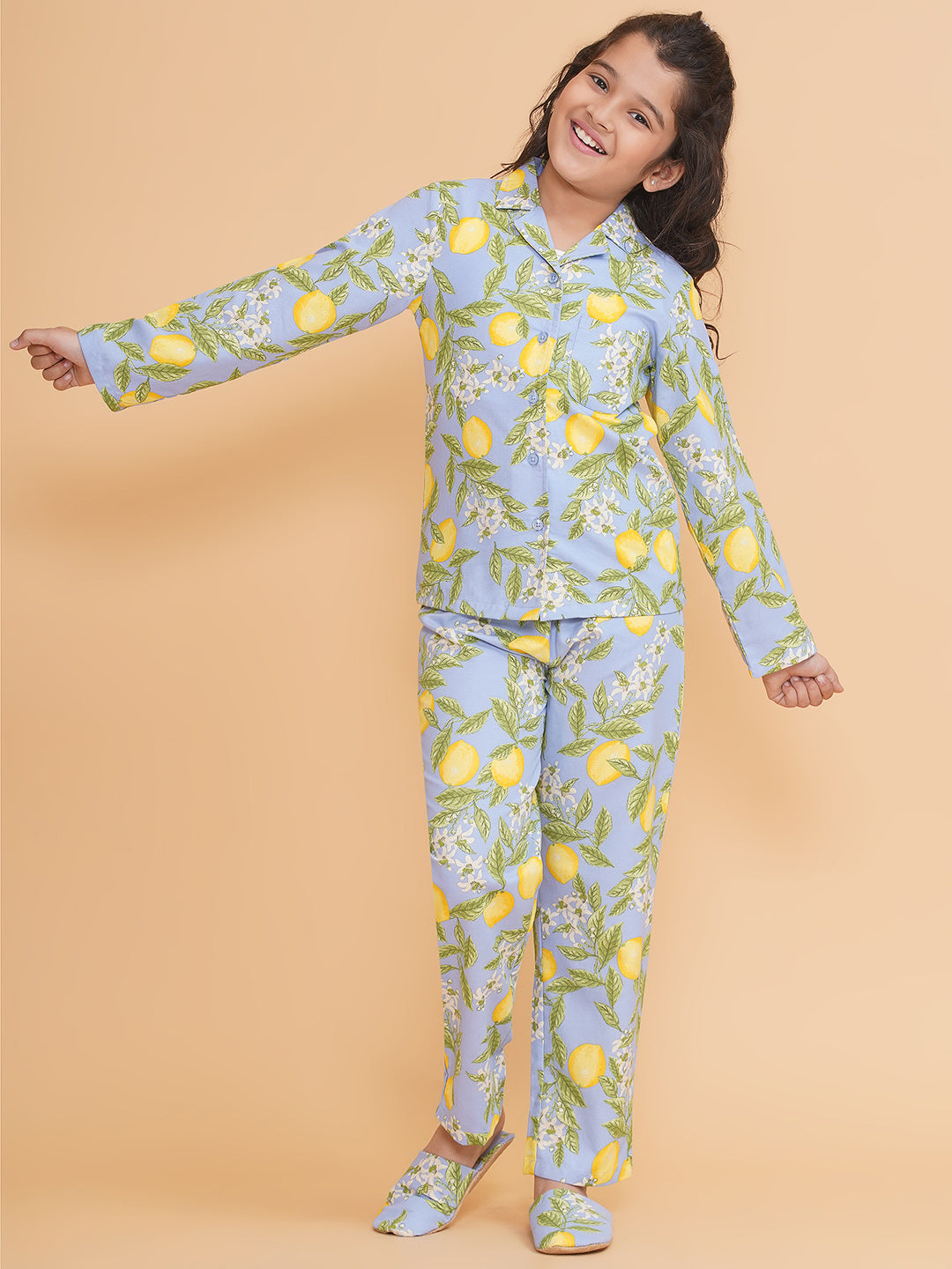 Girls Floral Blue Shirt And Pyjamas With Flip Flops