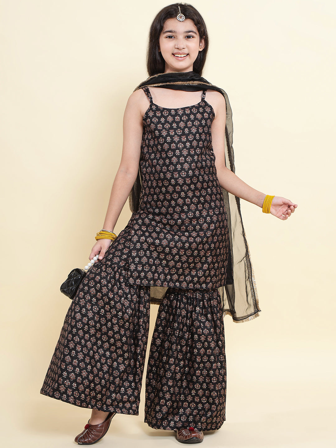 PICCOLO All Over Printed Kurti & Sharara with Dupatta-Black
