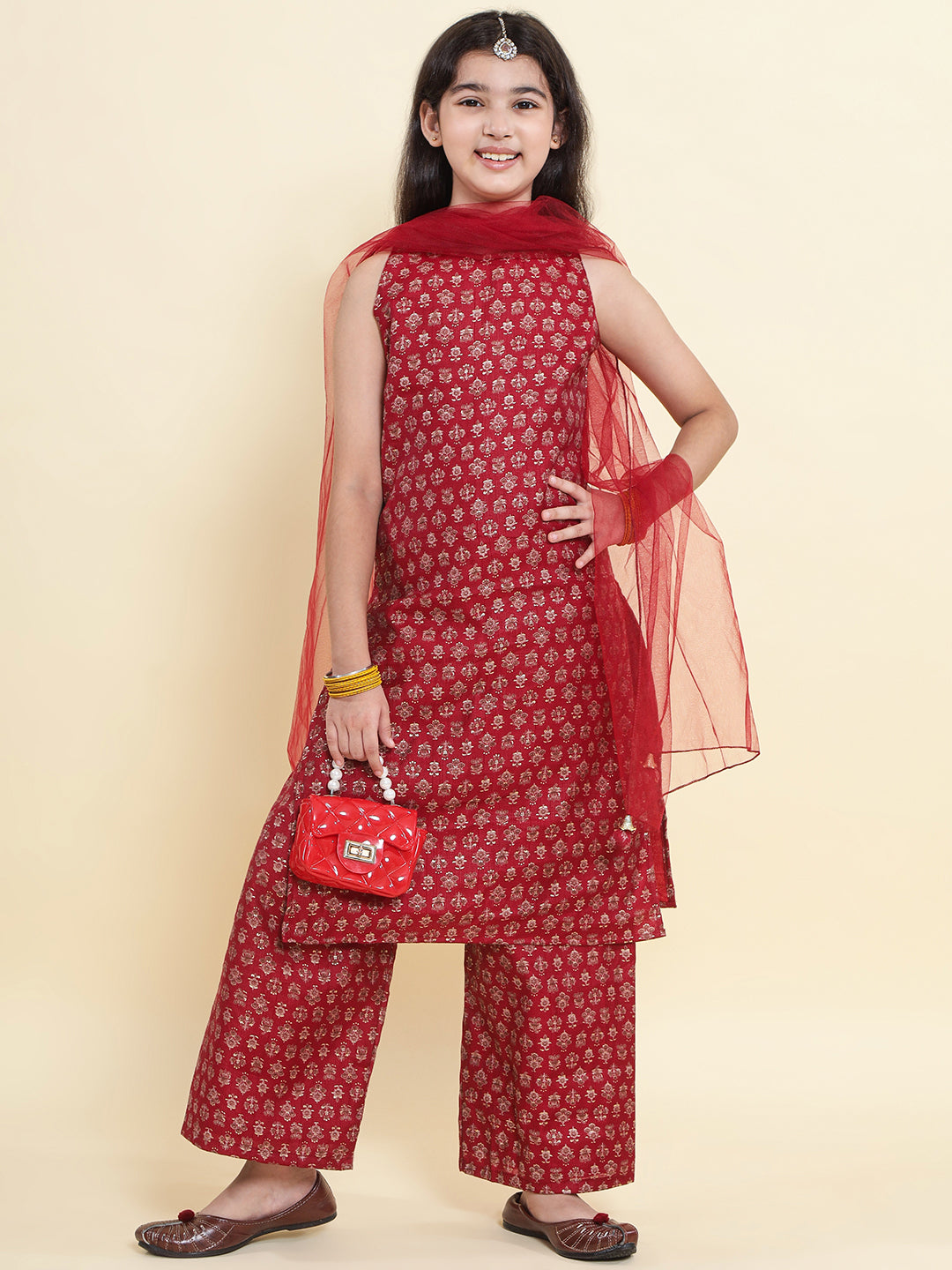 PICCOLO  Printed Kurti & Palazzo with Dupatta-Maroon