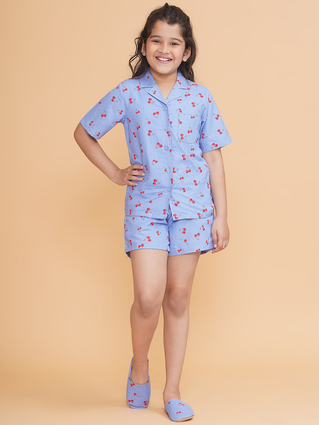 Girls Printed Blue Shirt and Shorts Night Suit With Slip Ons