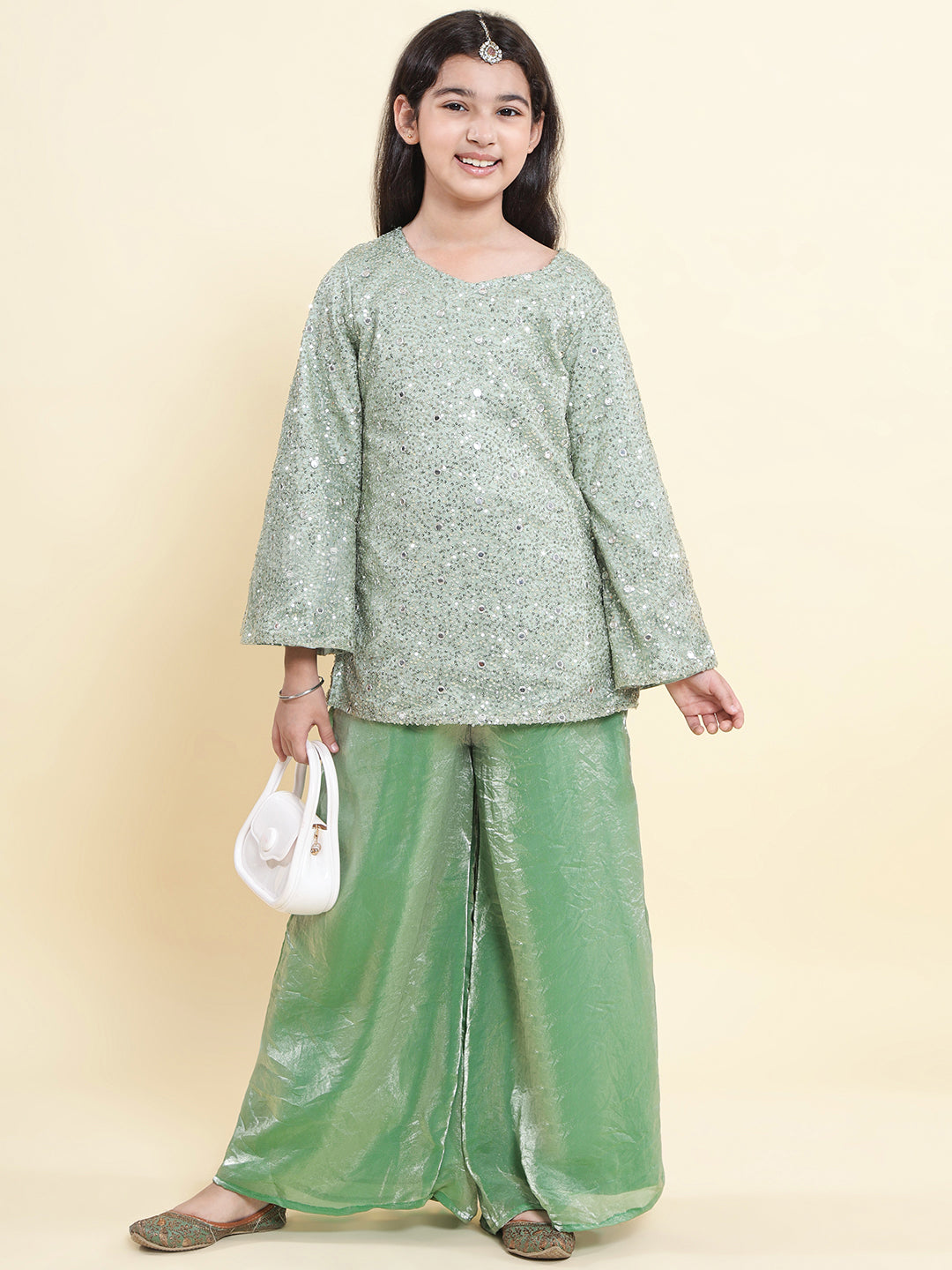 PICCOLO Green Sequined Flared Sleeve Kurti with Palazzo