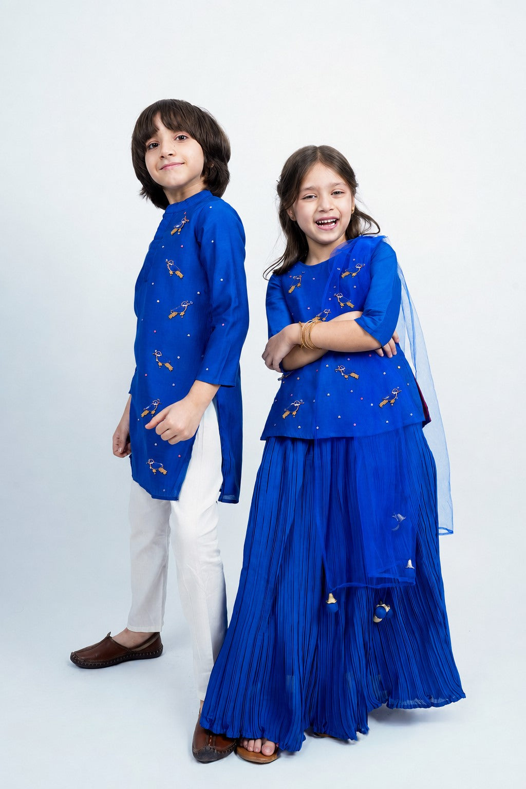 Piccolo Embellished Top, Pleated Lehenga & Net Dupatta Set-Royal Blue