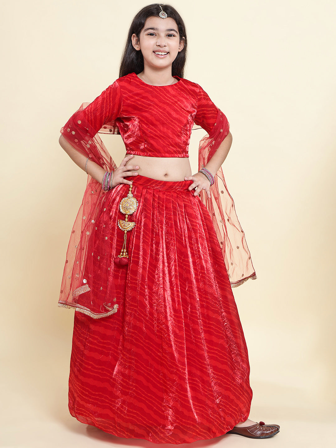 PICCOLO- Tissue Leheriya Printed Lehenga Choli with Embellished Net Dupatta-Red
