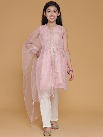 Girls Pink Sequinned Floral A Line Kurta And Pants Set With Dupatta