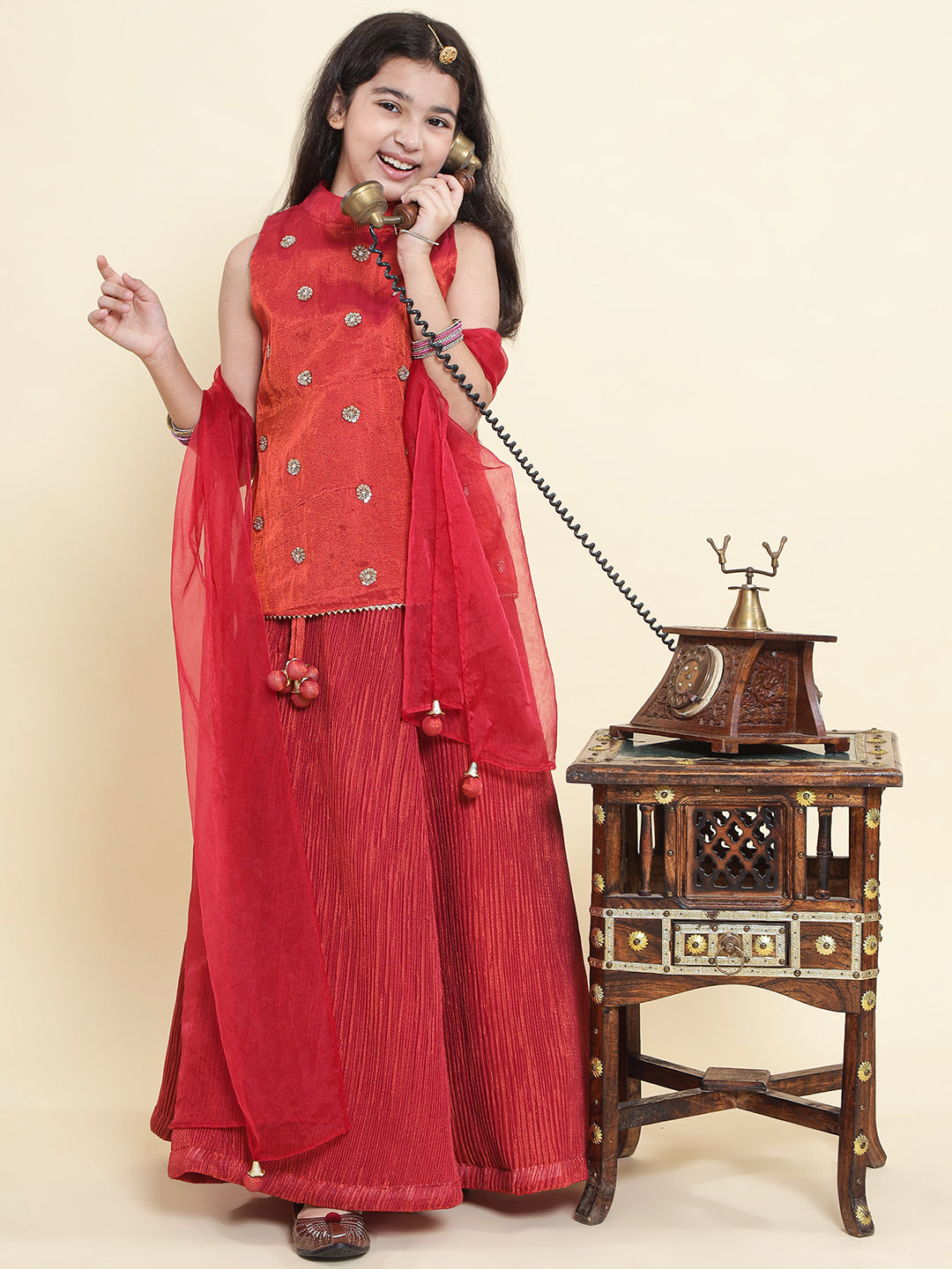 PICCOLO Tissue Silk Handwork Choli with Pleated Lehenga & Organza Dupatta Set-Rust