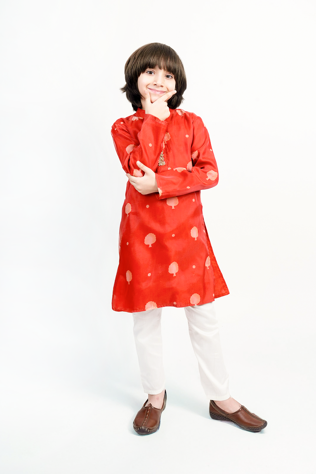 Piccolo Boys Organza Tree Motif Kurta and White Payjama Set-Orange