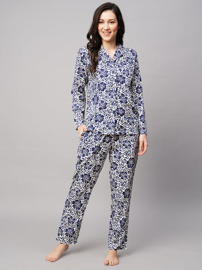 Women 2 Pieces Floral Printed Pure Cotton Night Suit