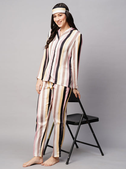 Women 2 Pieces Striped Satin Night suit