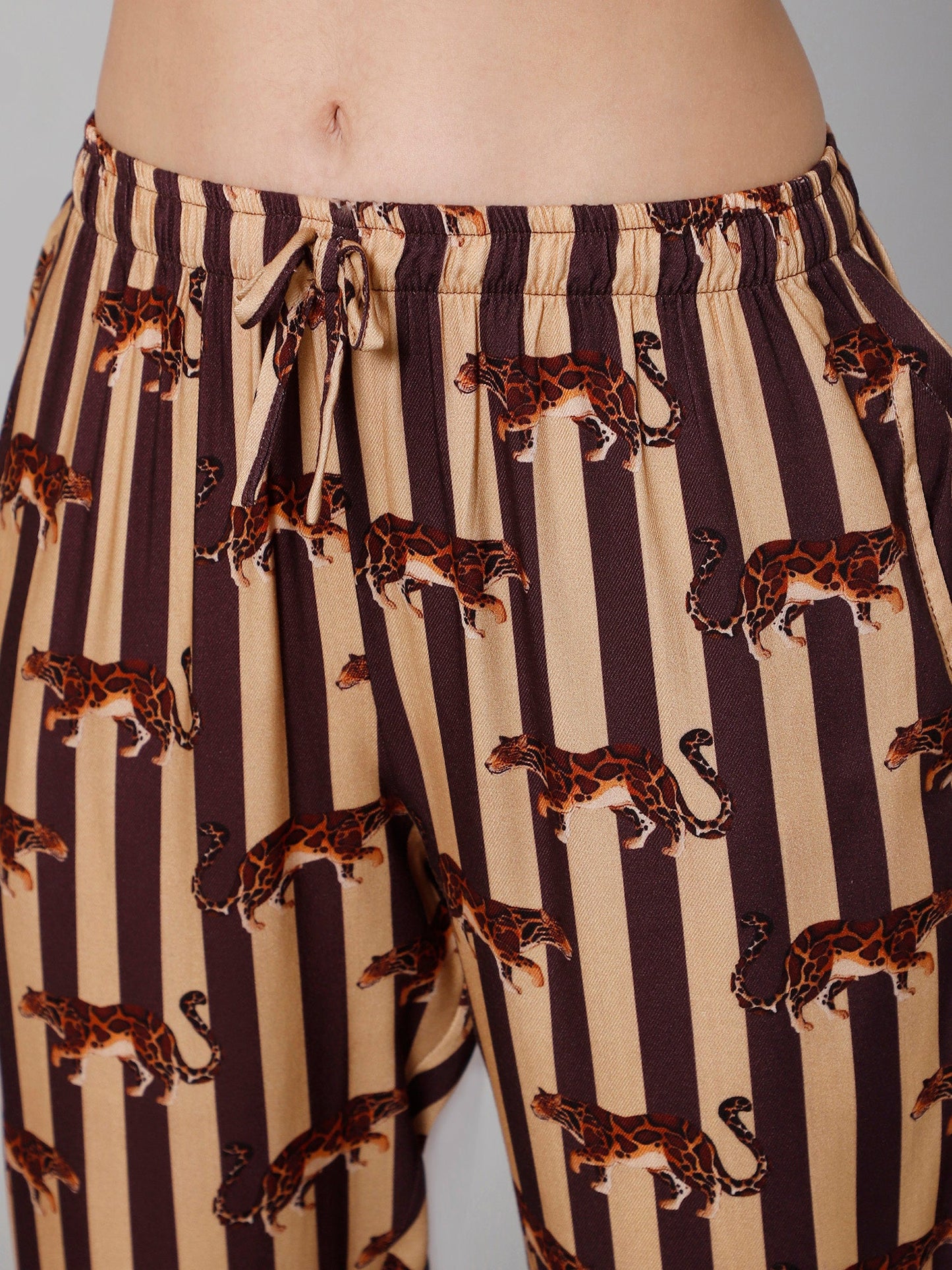 Women Brown &amp; Beige Striped Night suit