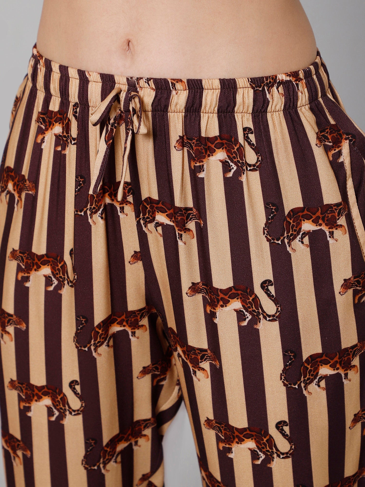 Women Brown &amp; Beige Striped Night suit