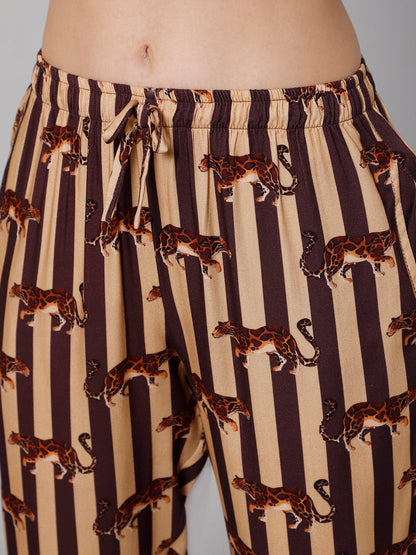 Women Brown &amp; Beige Striped Night suit