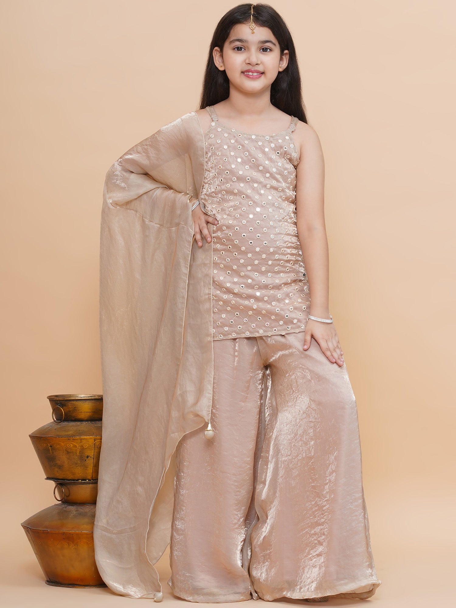 Piccolo Tissue Silk Mirror Work Kurta & Palazzo Set-Beige