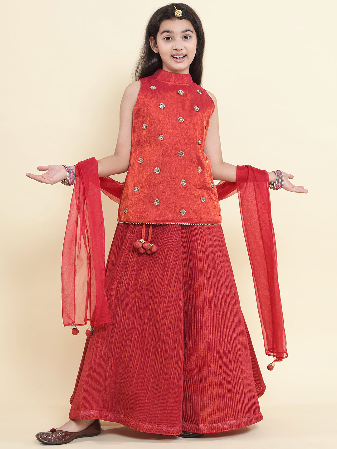 PICCOLO Tissue Silk Handwork Choli with Pleated Lehenga & Organza Dupatta Set-Rust