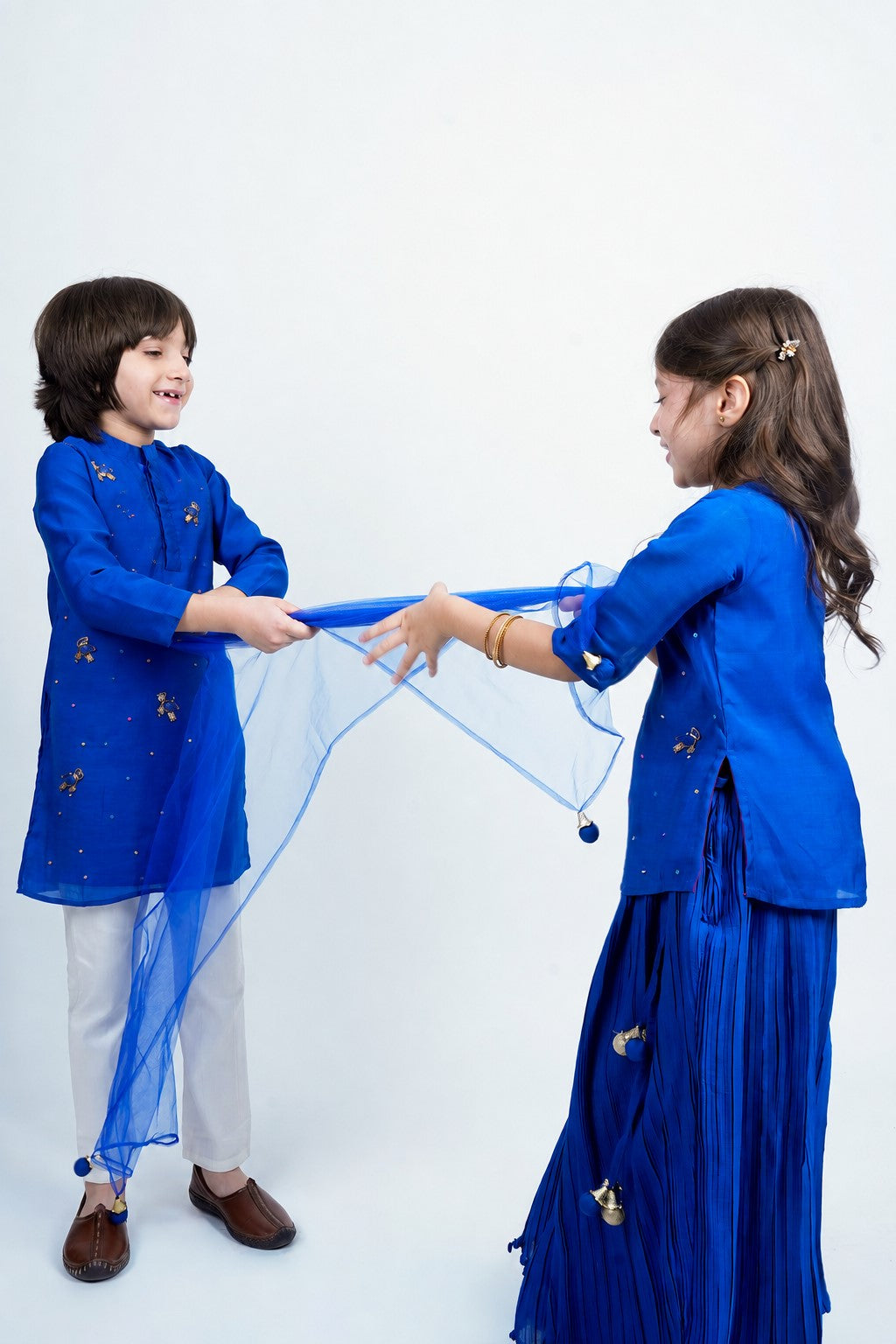 Piccolo Embellished Top, Pleated Lehenga & Net Dupatta Set-Royal Blue