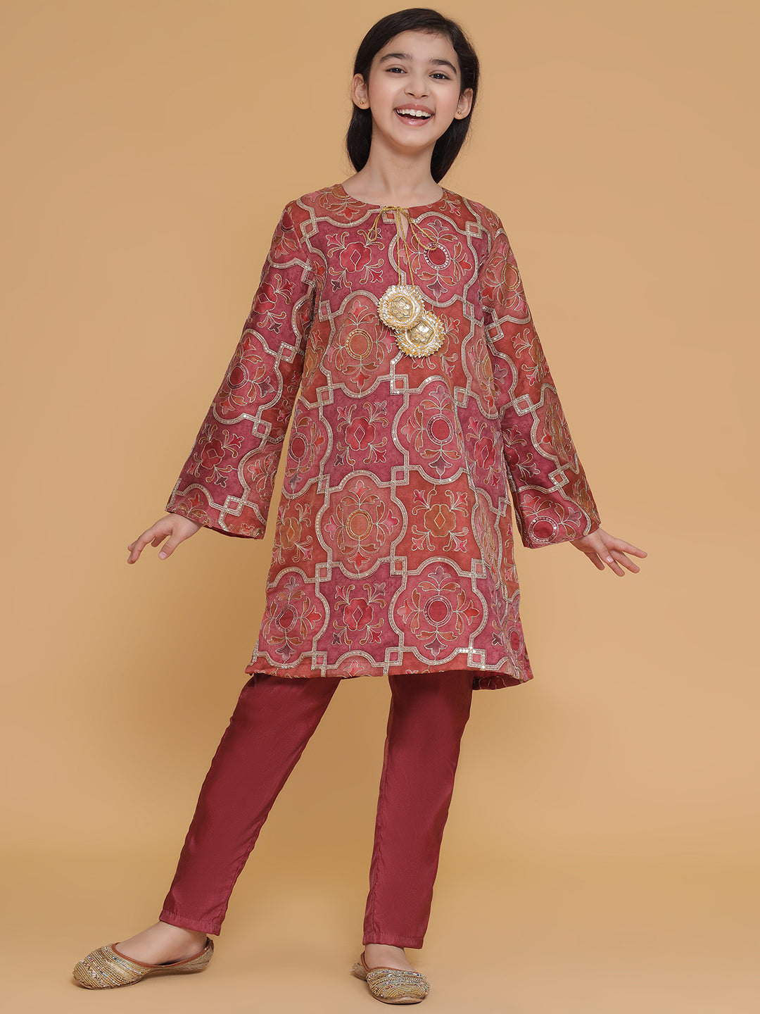 PICCOLO- Organza Embroidered Kurta Pant Set-Burgundy