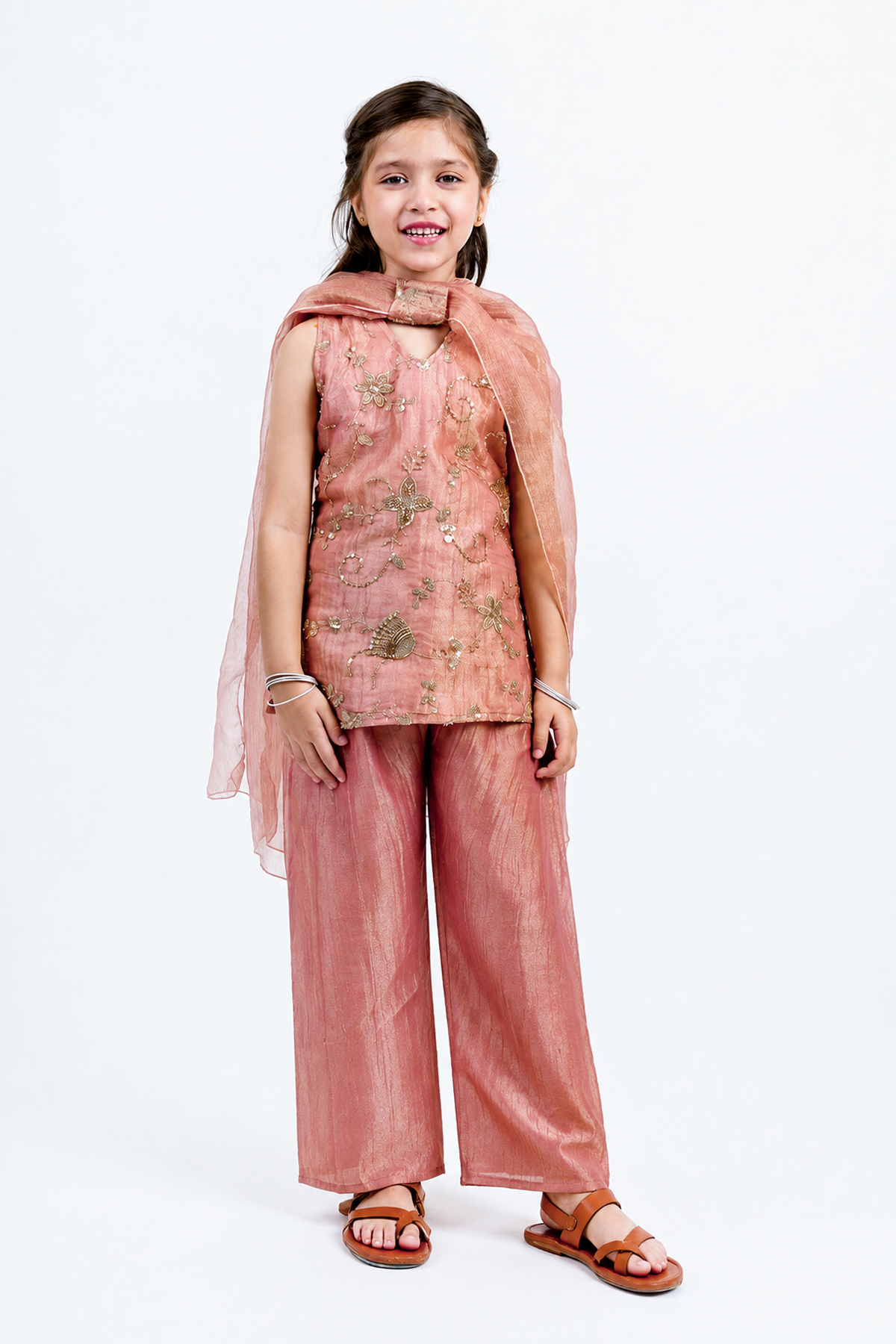 Piccolo Tissue Embroidered Kurta, Pant & Dupatta Set-Peach