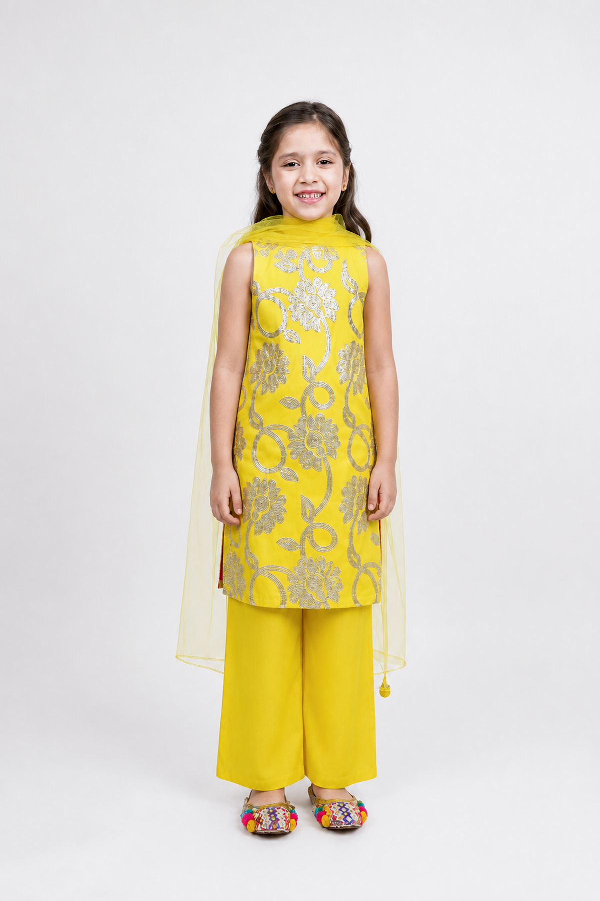 Piccolo Sequins Embroidered Kurta, Pant & Dupatta Set-Yellow