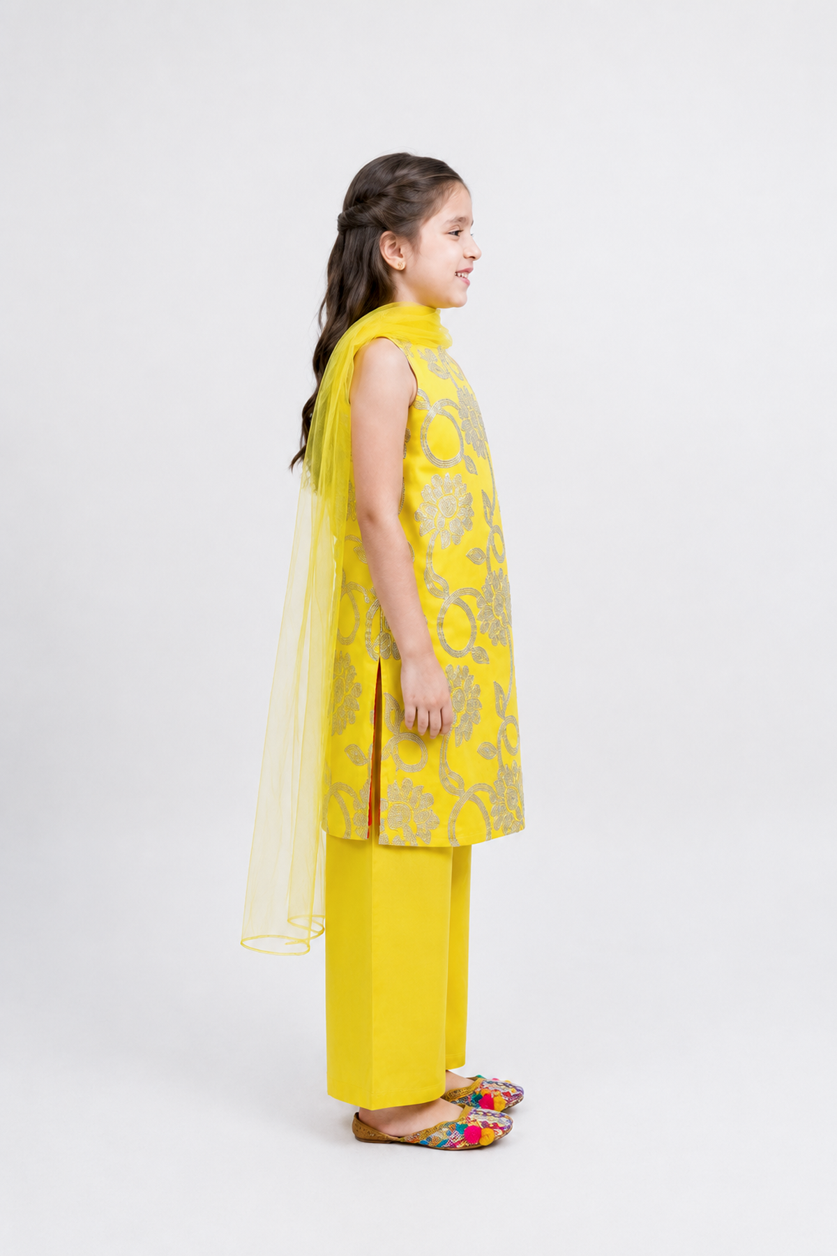 Piccolo Sequins Embroidered Kurta, Pant & Dupatta Set-Yellow