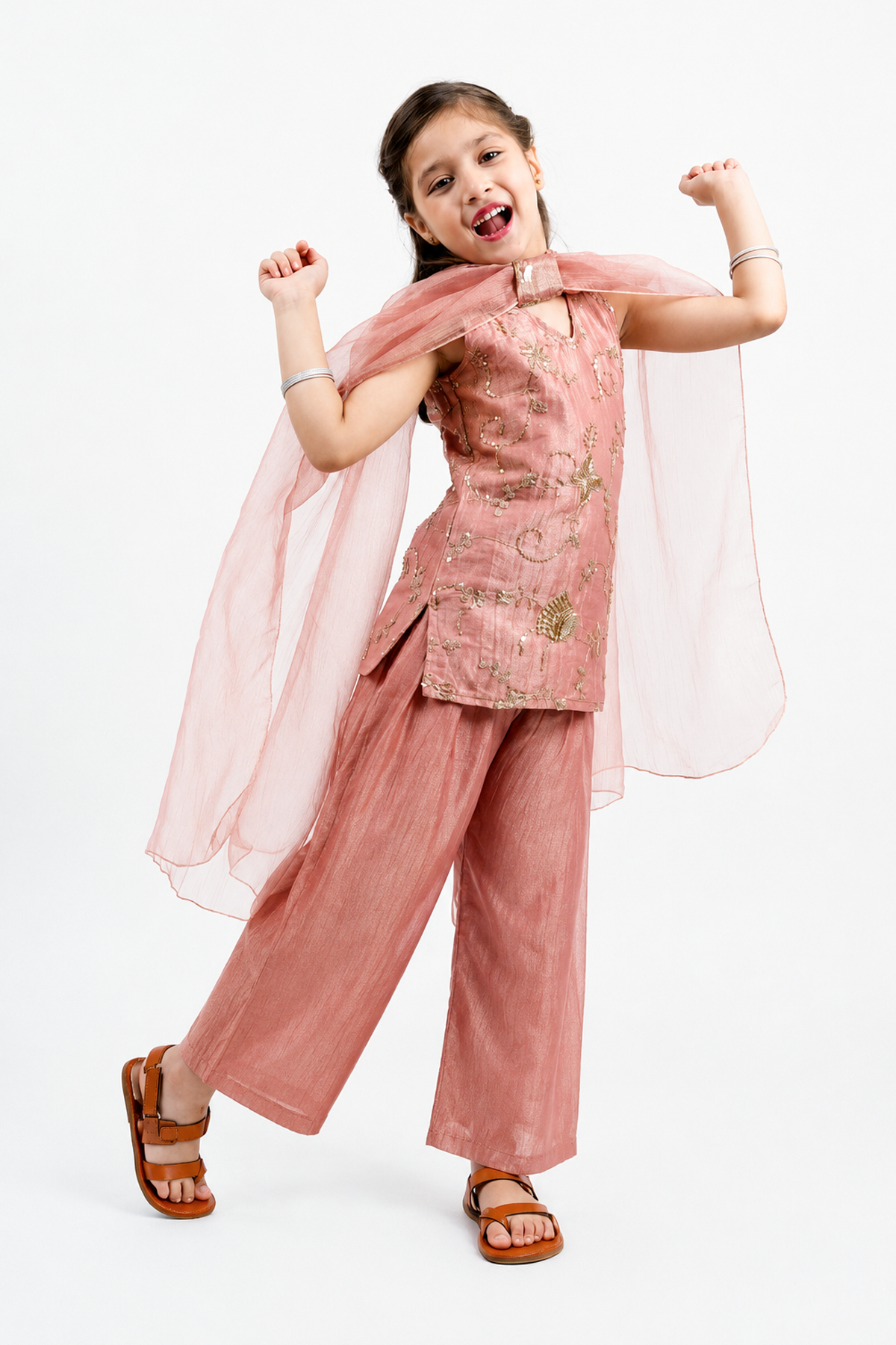Piccolo Tissue Embroidered Kurta, Pant & Dupatta Set-Peach
