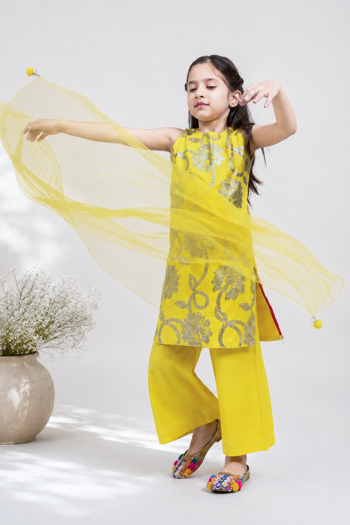 Piccolo Sequins Embroidered Kurta, Pant & Dupatta Set-Yellow