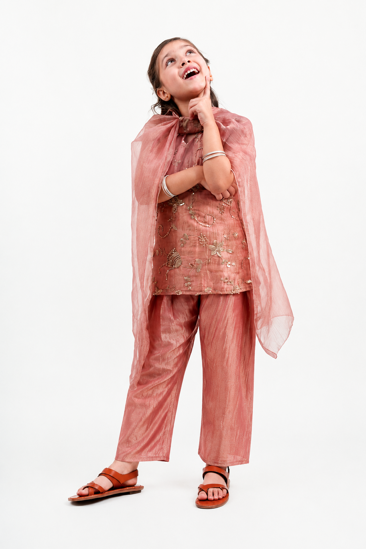 Piccolo Tissue Embroidered Kurta, Pant & Dupatta Set-Peach