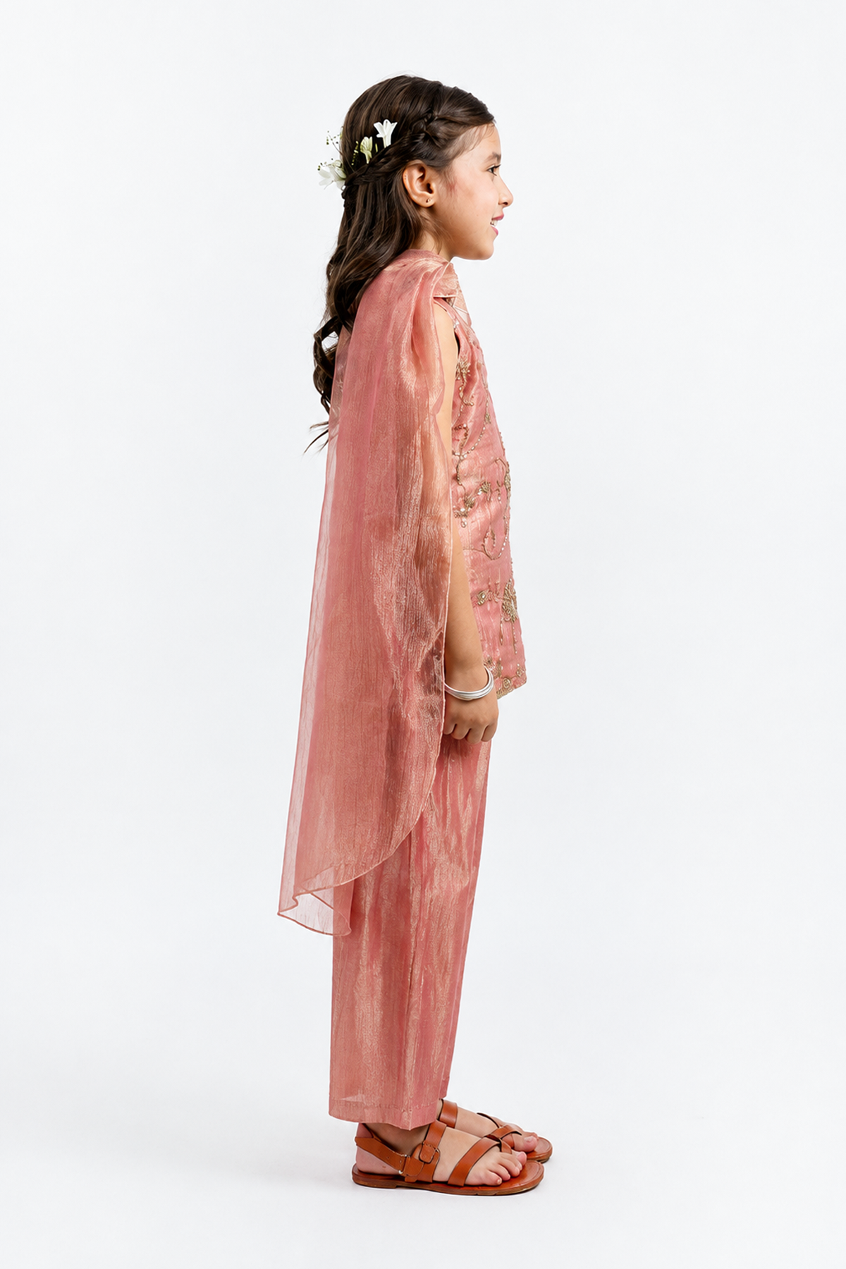 Piccolo Tissue Embroidered Kurta, Pant & Dupatta Set-Peach