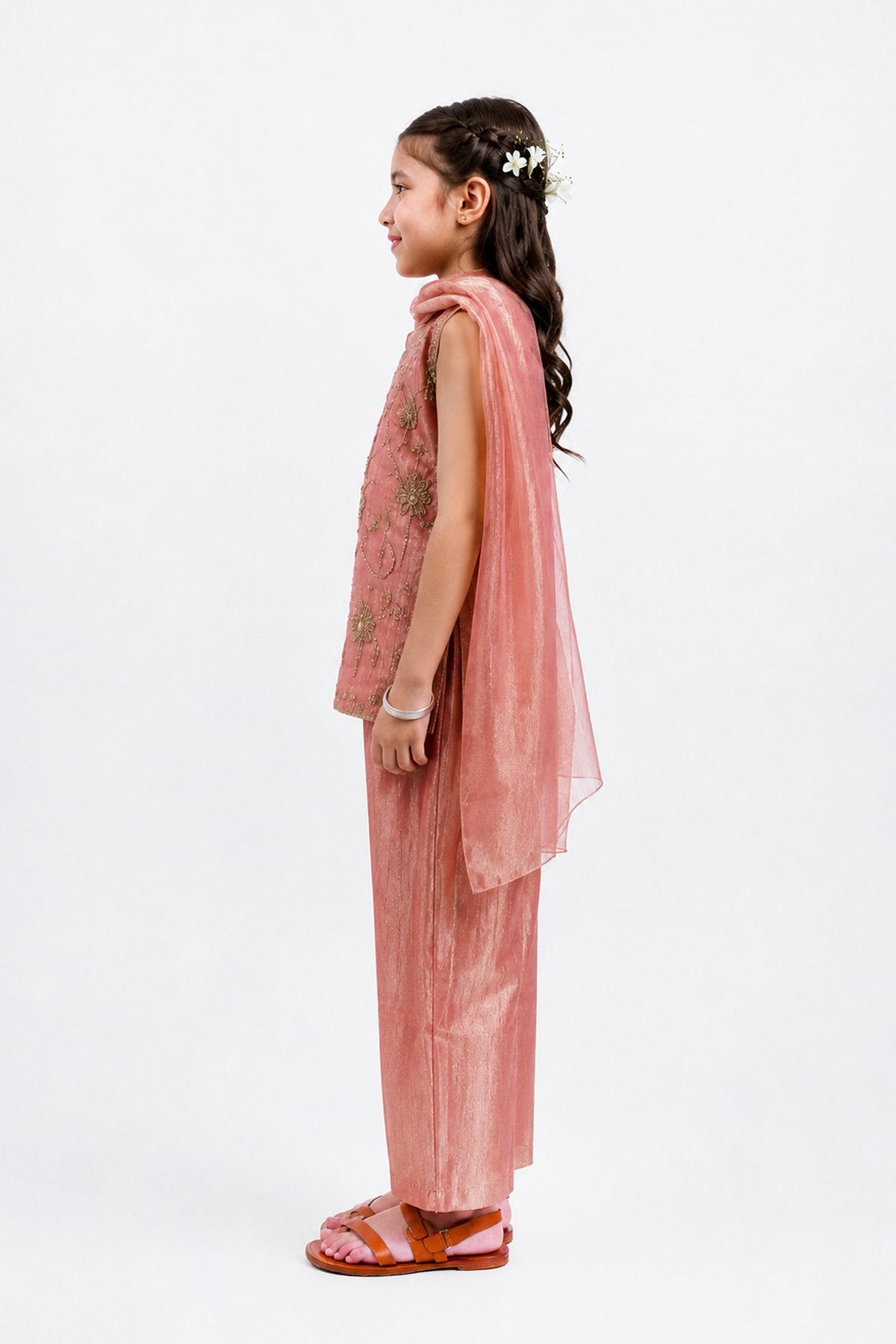 Piccolo Tissue Embroidered Kurta, Pant & Dupatta Set-Peach