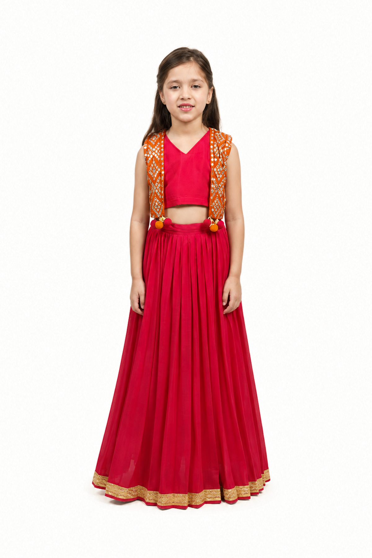 Piccolo Mirror-Work Kachli & Top With Lehenga Set-Red
