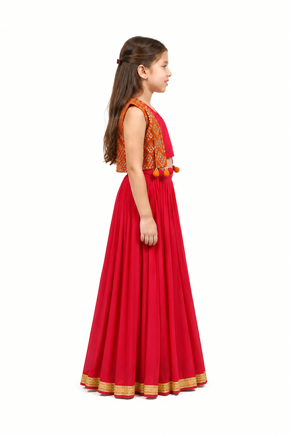 Piccolo Mirror-Work Kachli & Top With Lehenga Set-Red