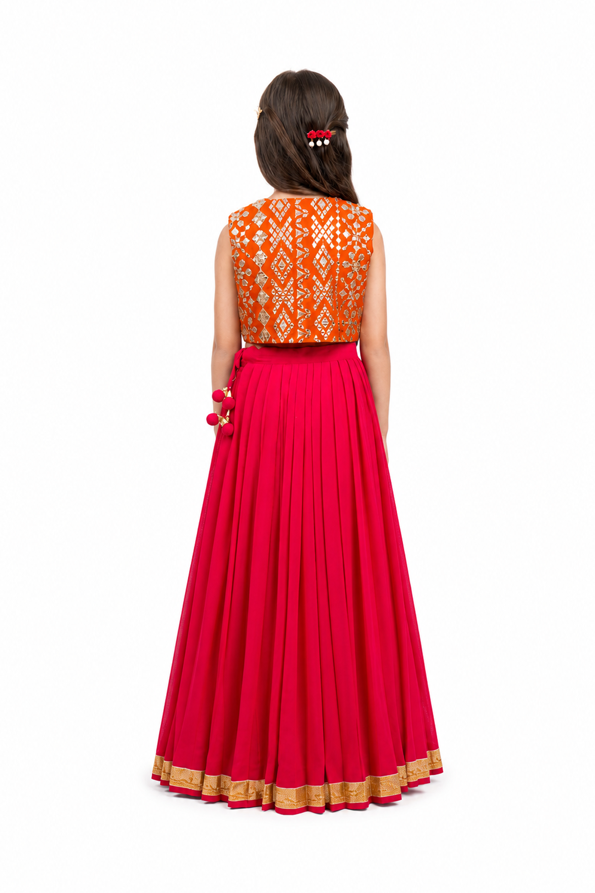 Piccolo Mirror-Work Kachli & Top With Lehenga Set-Red