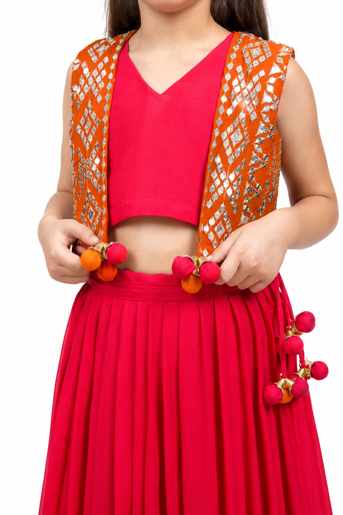 Piccolo Mirror-Work Kachli & Top With Lehenga Set-Red