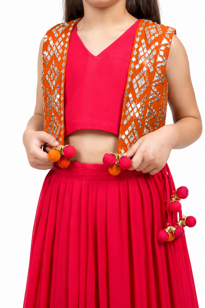 Piccolo Mirror-Work Kachli & Top With Lehenga Set-Red