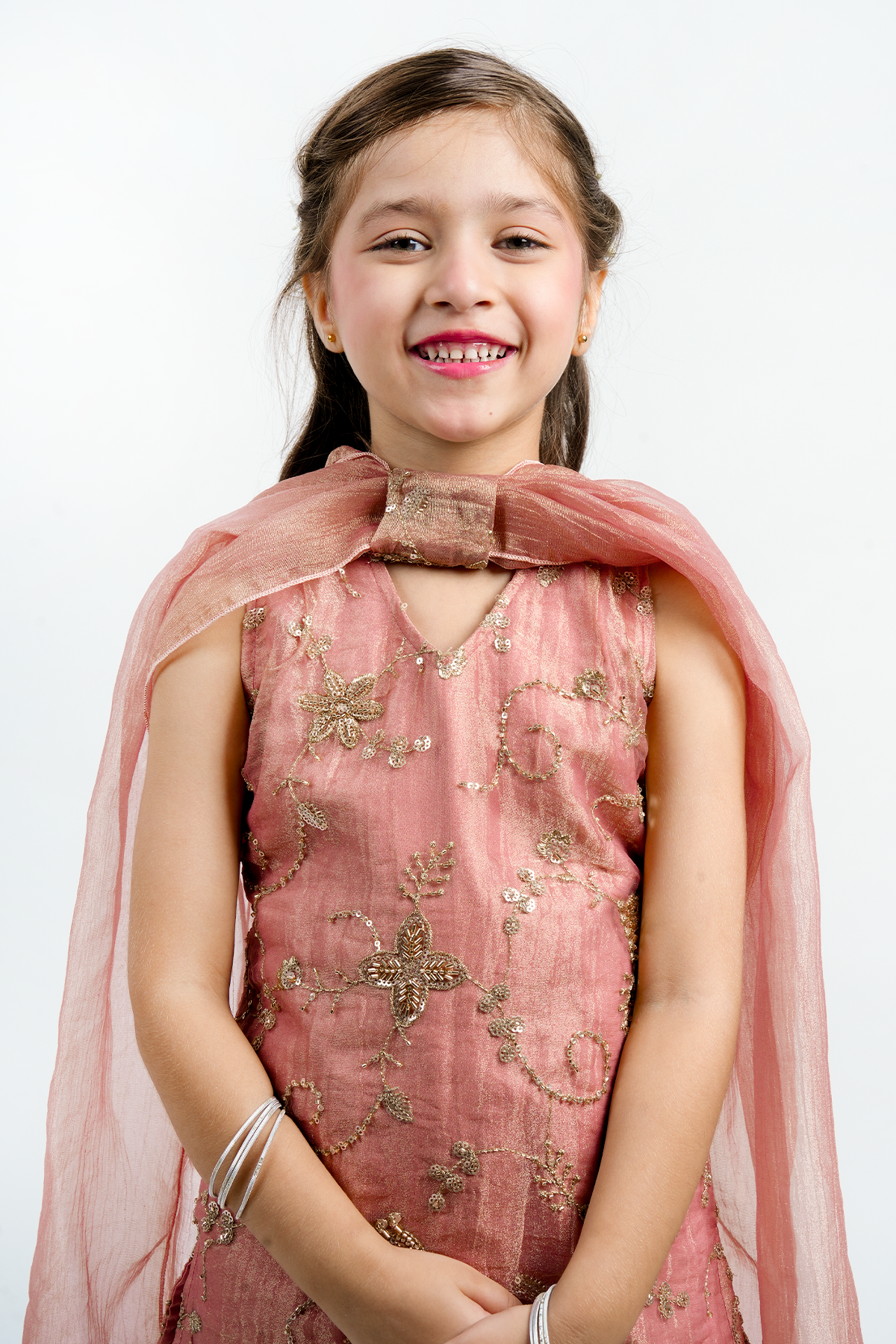 Piccolo Tissue Embroidered Kurta, Pant & Dupatta Set-Peach