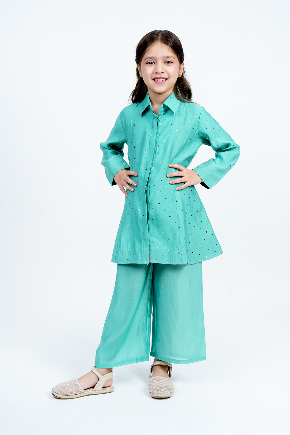 Piccolo  Mal Chanderi Mukaish Work Kurta With Pant Set - Turquoise Green