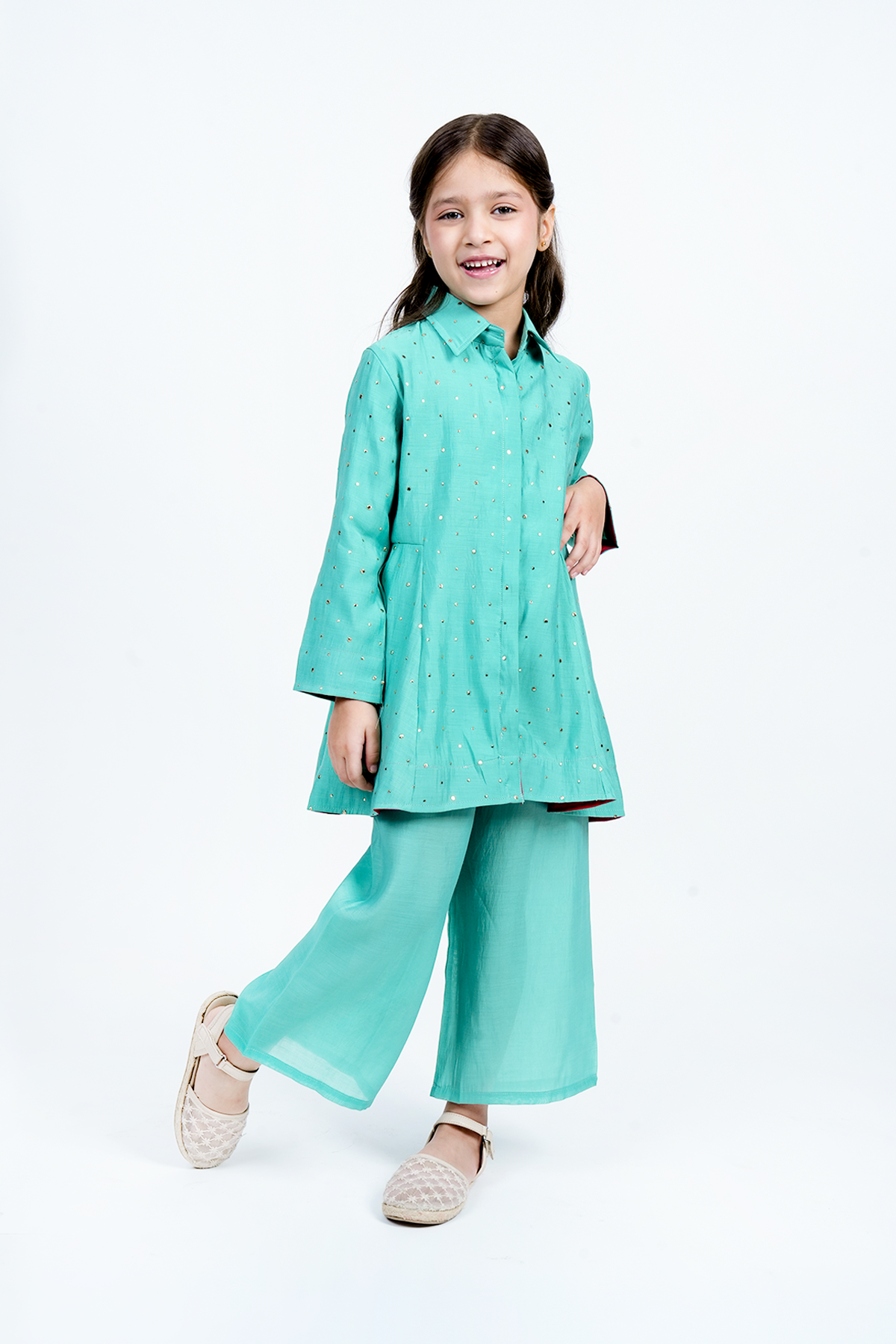 Piccolo  Mal Chanderi Mukaish Work Kurta With Pant Set - Turquoise Green