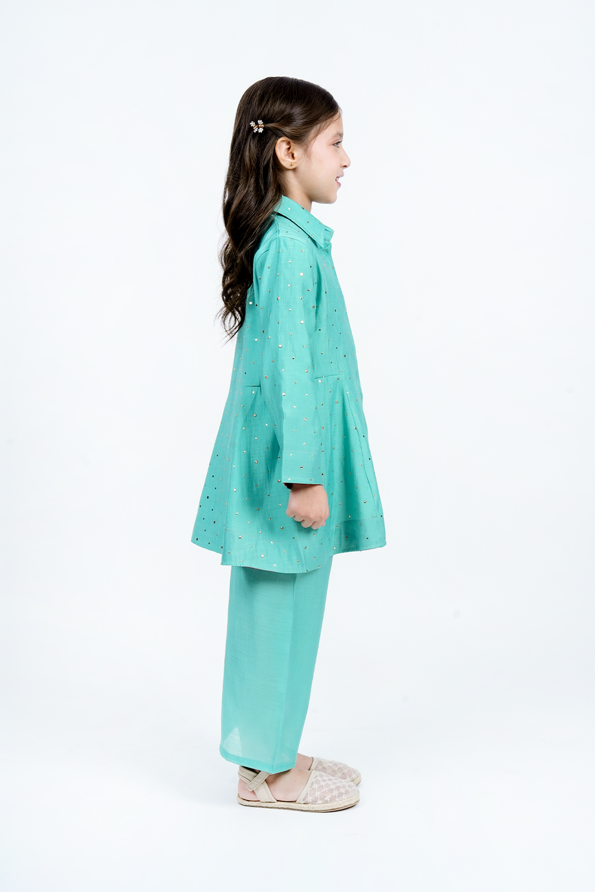 Piccolo  Mal Chanderi Mukaish Work Kurta With Pant Set - Turquoise Green